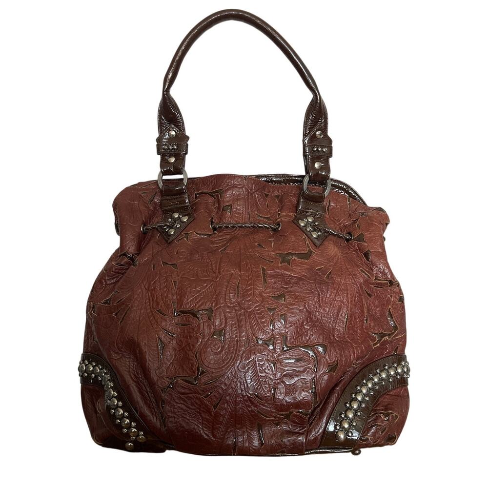 Kippys Brown Glossed Leather Floral Embossed Large Shoulder Bag‎ - Picture 3 of 12